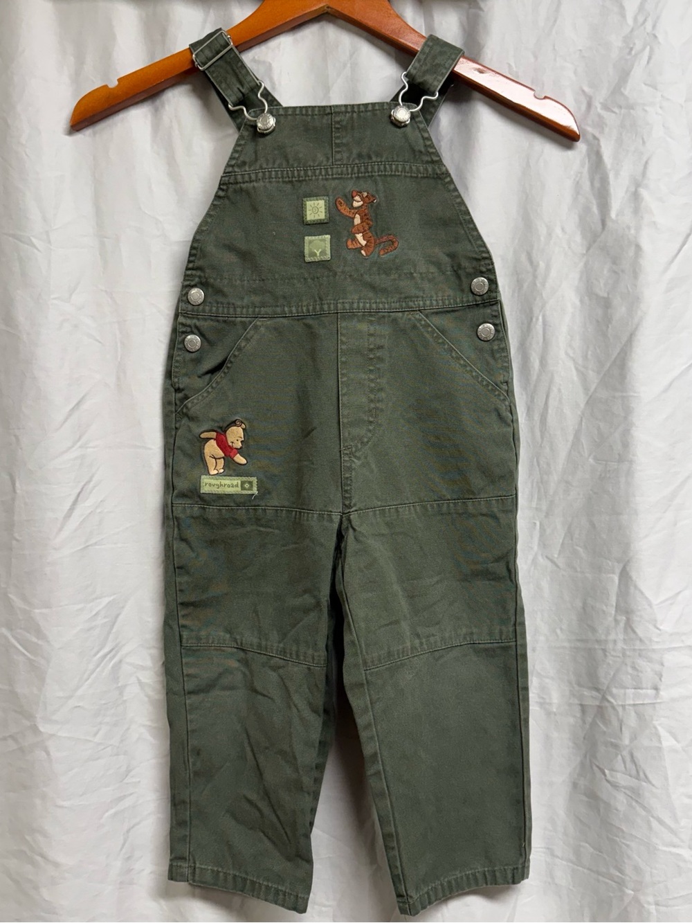 VINTAGE olive Green Winnie the Pooh Embroidered Kids Overalls